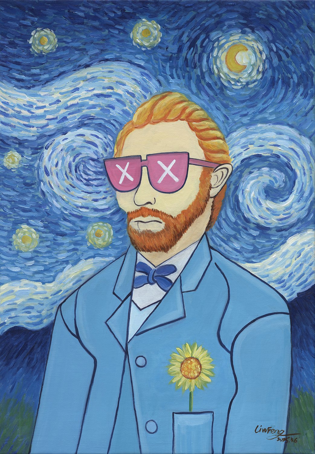 Pop-art oil painting by Lin Feng of Vincent van Gogh wearing pink X glasses against a swirling starry-night sky