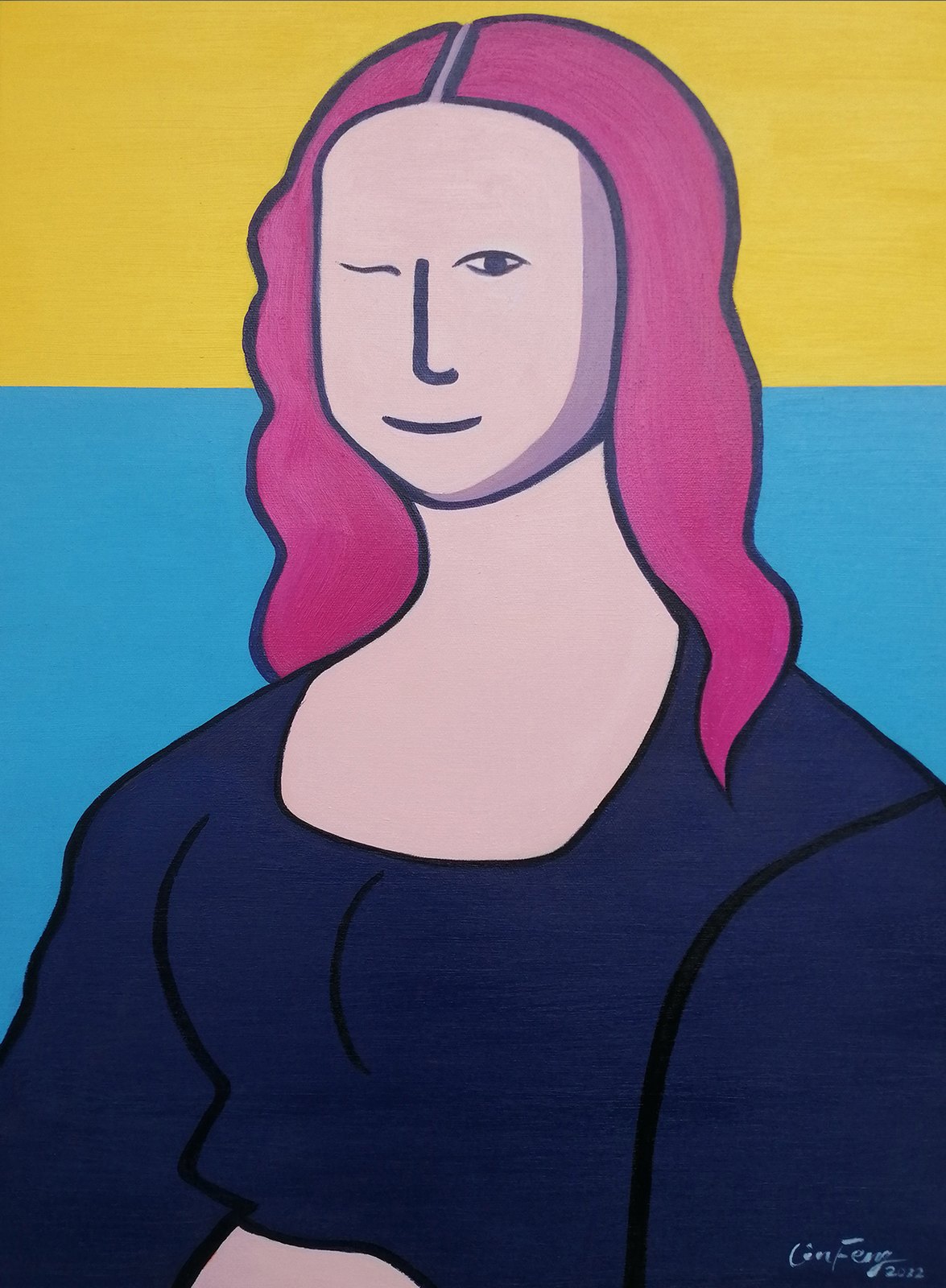Playful pop-art oil painting by Lin Feng of a winking Mona Lisa with pink hair on yellow and blue