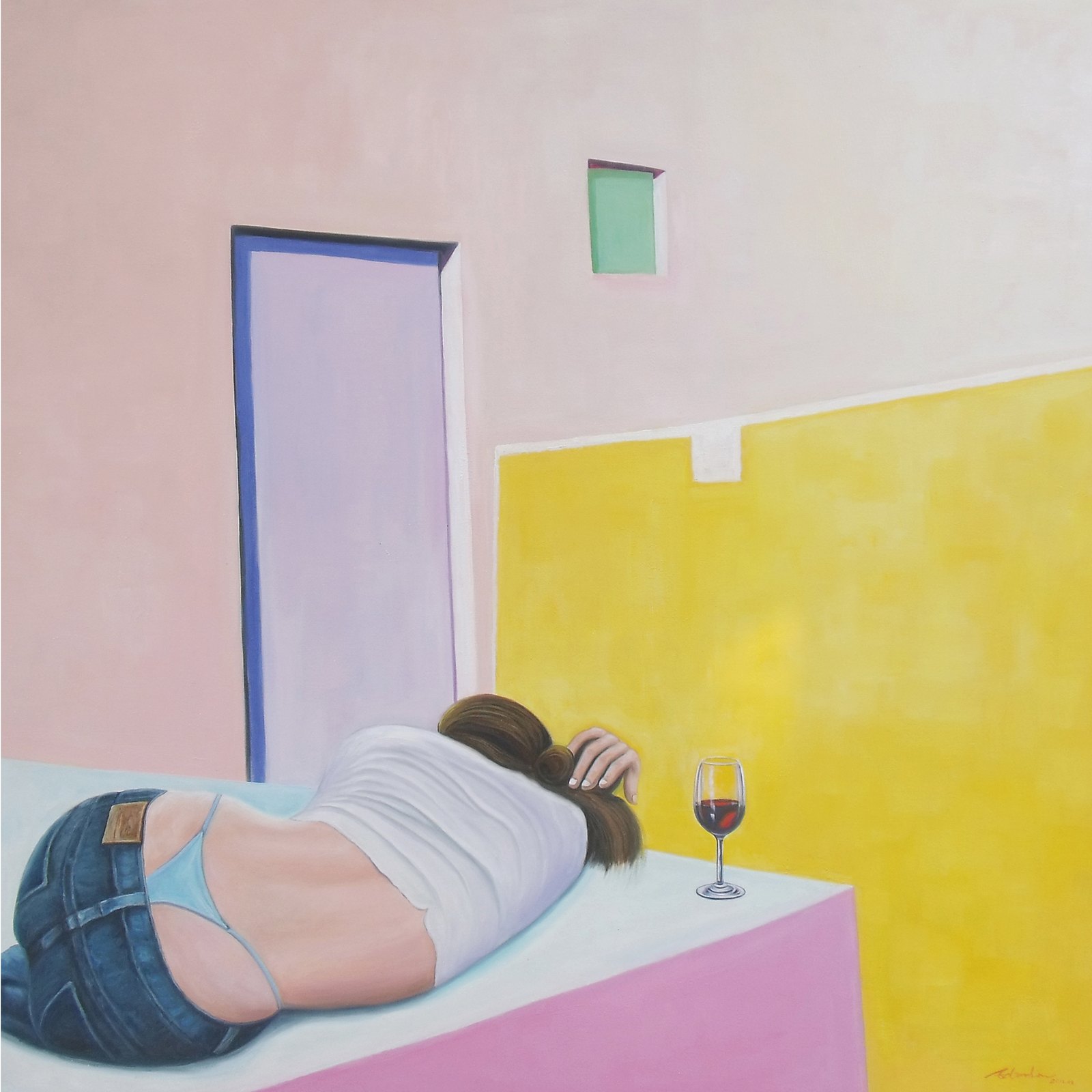 Quiet interior oil painting by Lin Feng of a woman resting on a table beside a glass of red wine, in pink, yellow and violet