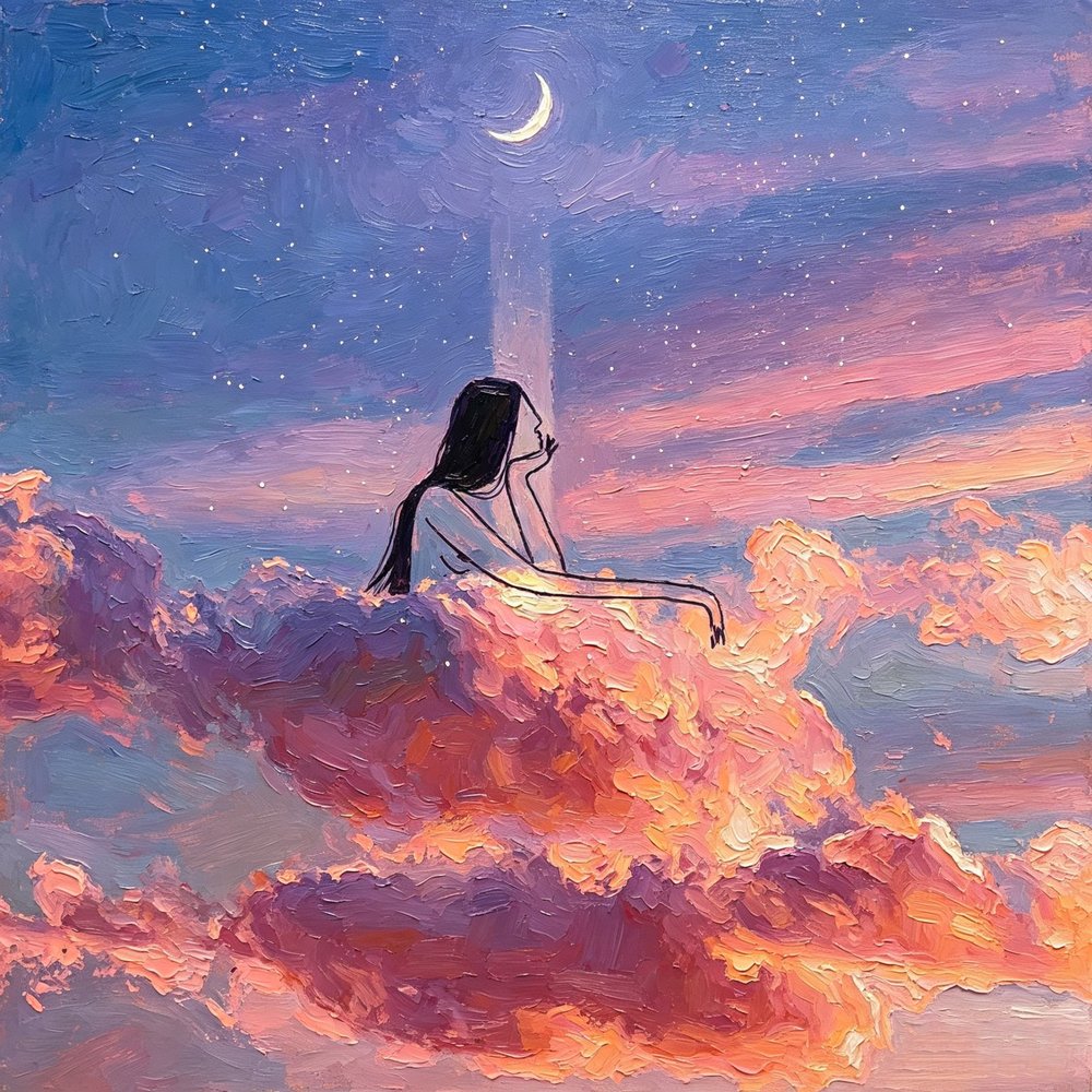 Original oil painting of a woman resting on sunset clouds under a crescent moon