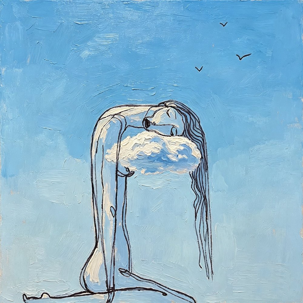 Original oil painting of a sleeping figure leaning on a cloud against a blue sky