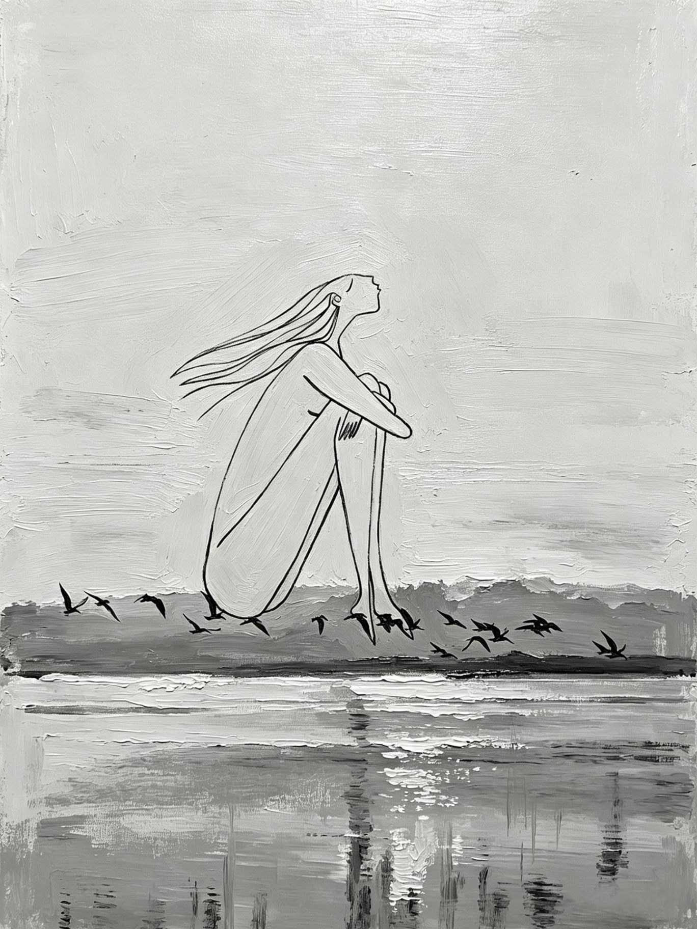 Original monochrome oil painting of a woman seated by the sea with birds