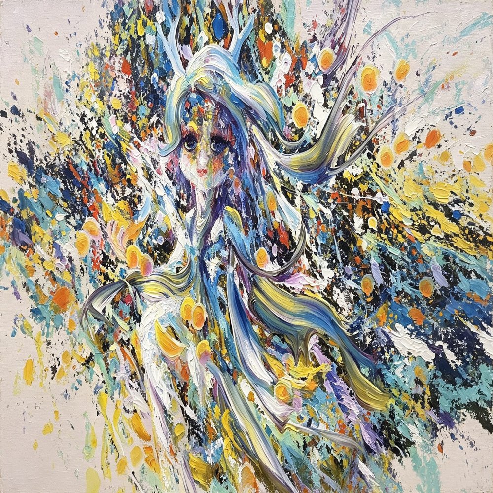 Original colorful impasto oil painting of a girl surrounded by vivid brush strokes