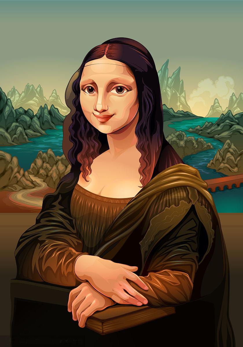 Stylised pop-art oil painting of Mona Lisa with long dark curls against a turquoise mountain landscape