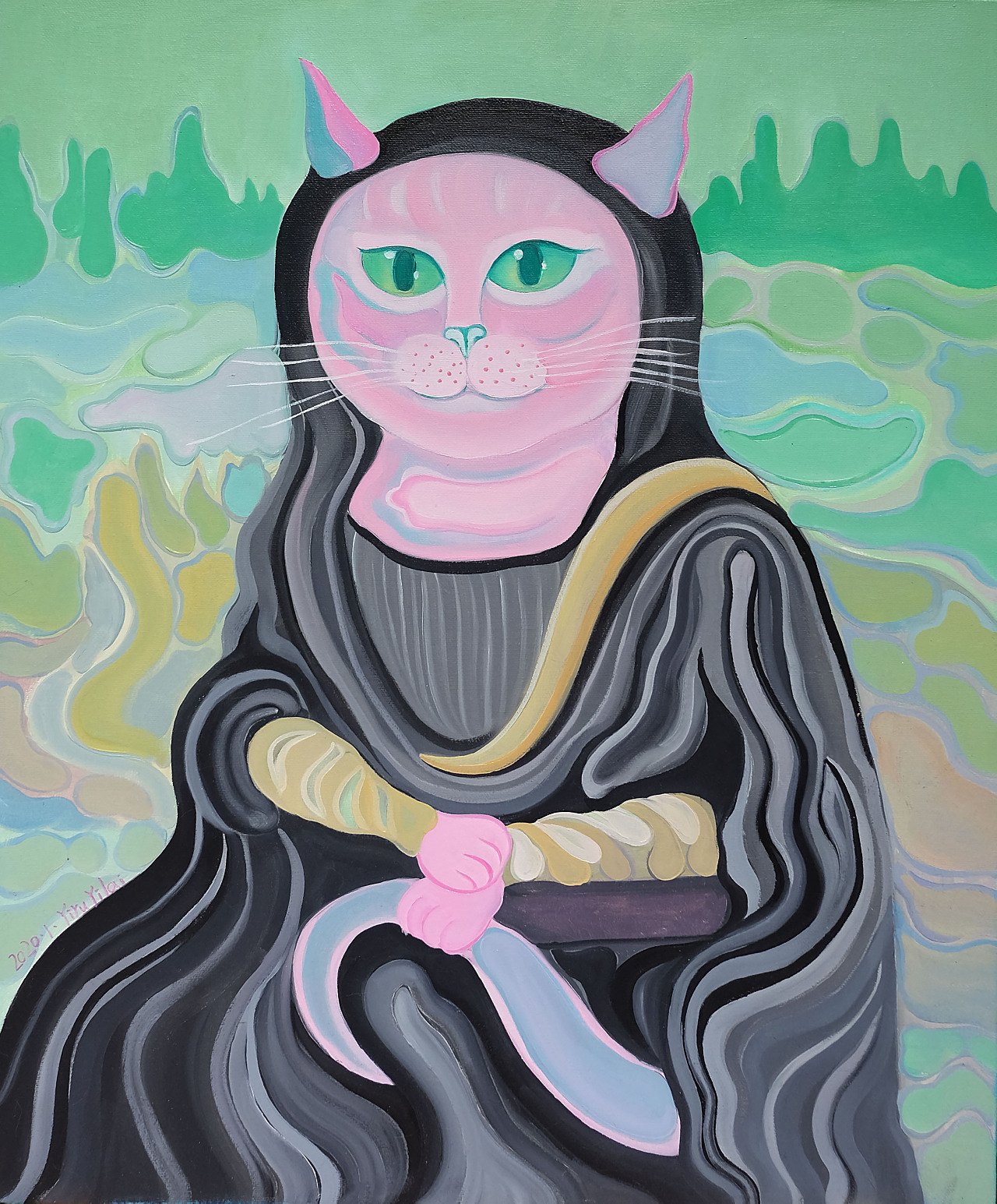 Whimsical oil painting of a pink cat posed as Mona Lisa in a dark robe against a green patterned landscape