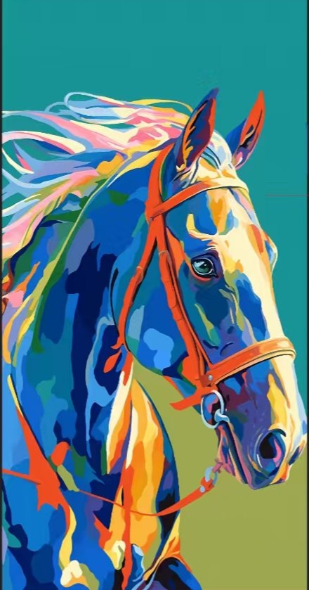 Vivid pop-art oil painting of a blue and orange horse head in profile against a teal background