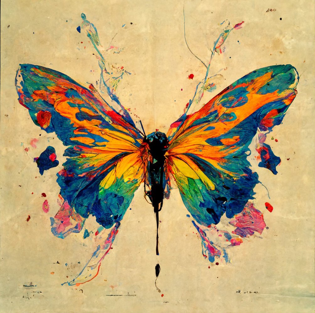 Expressive oil painting of a butterfly with spread wings in orange, blue and green on a warm cream ground
