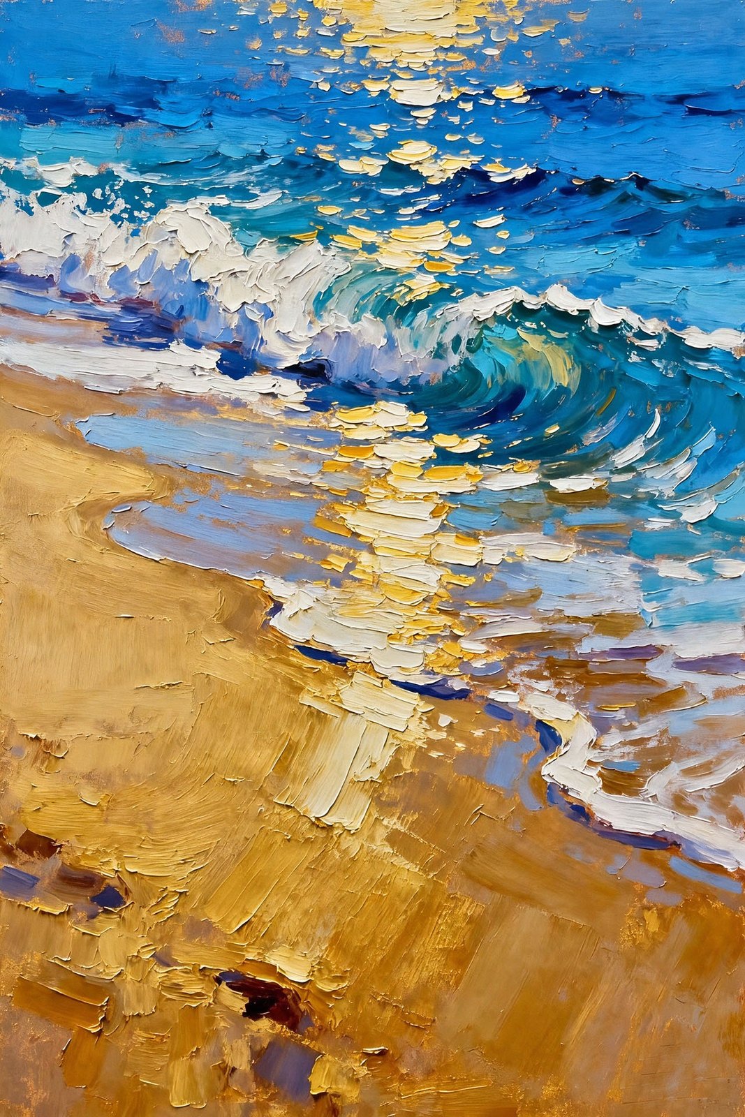 Impasto oil painting of a turquoise wave breaking over golden sand with sunlight glittering across the water