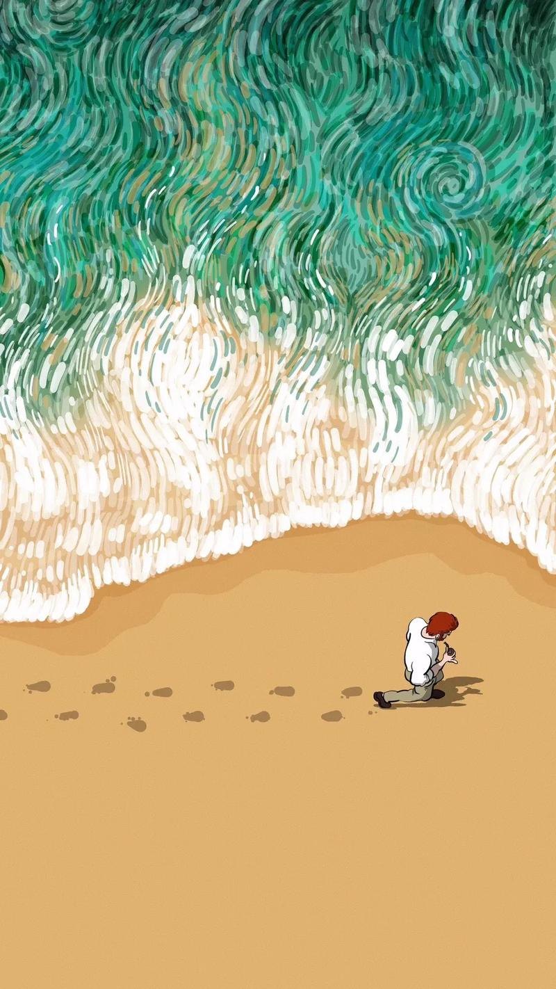 Minimal graphic painting of a small figure crouching on empty sand beside a towering green wave, footprints trailing behind