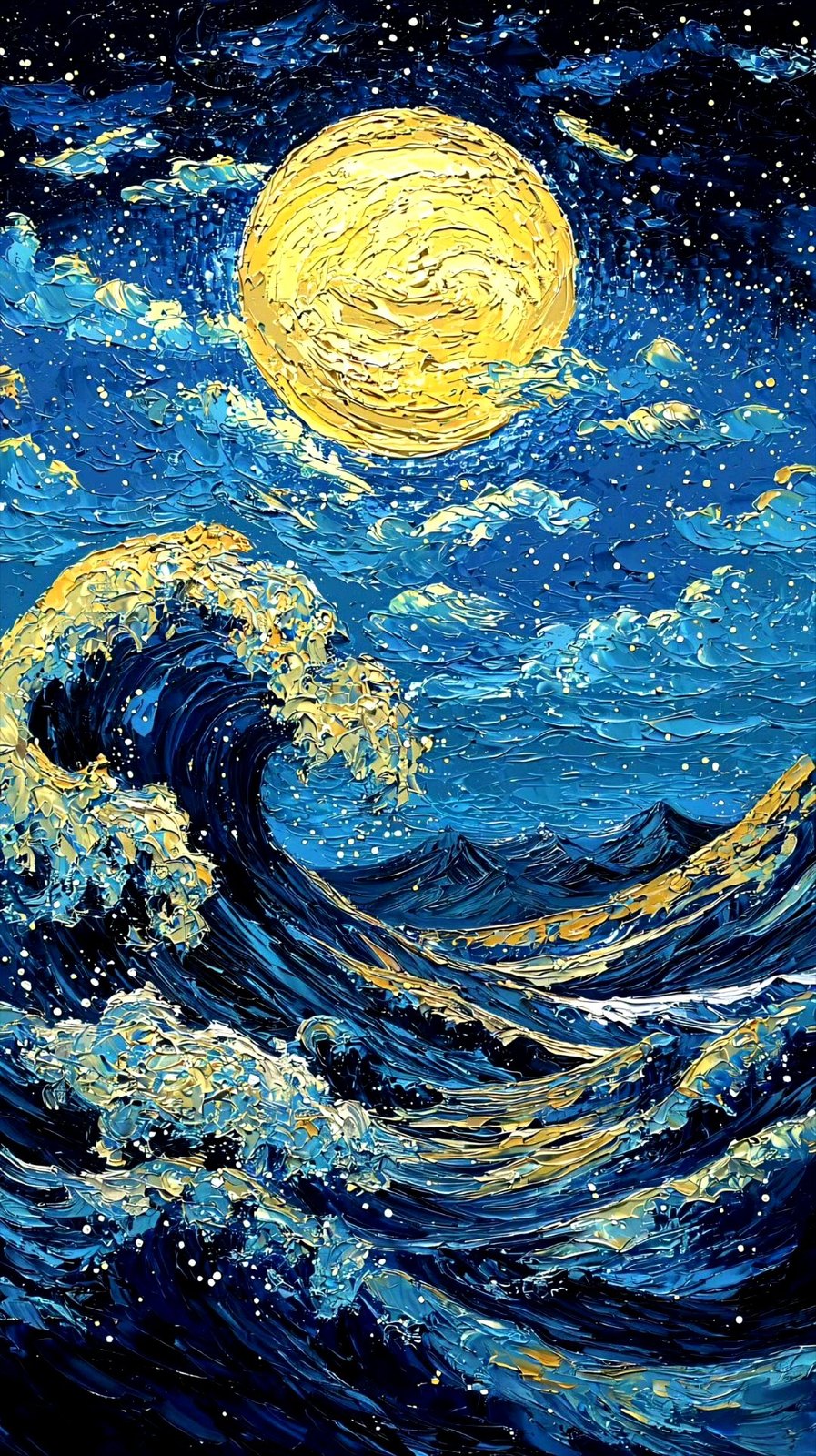 Swirling impasto painting of a golden moon over a midnight blue sea filled with stars