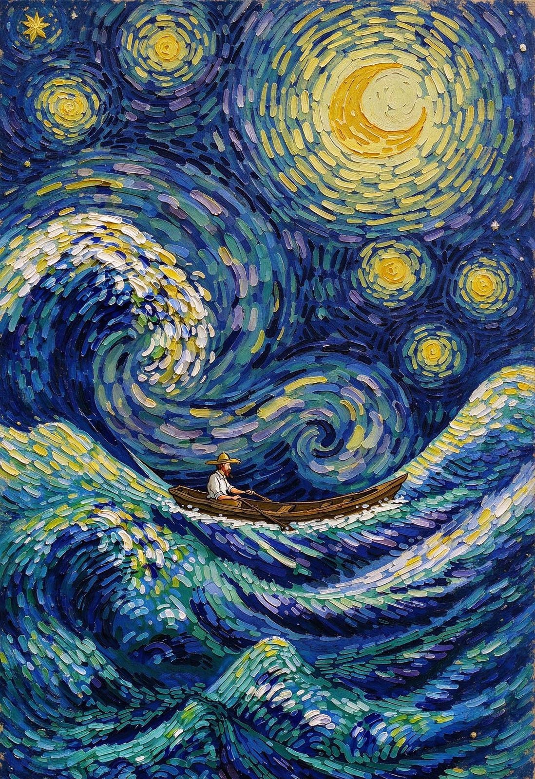 Post-impressionist painting of a lone rower crossing starry blue waves beneath spiralling galaxies