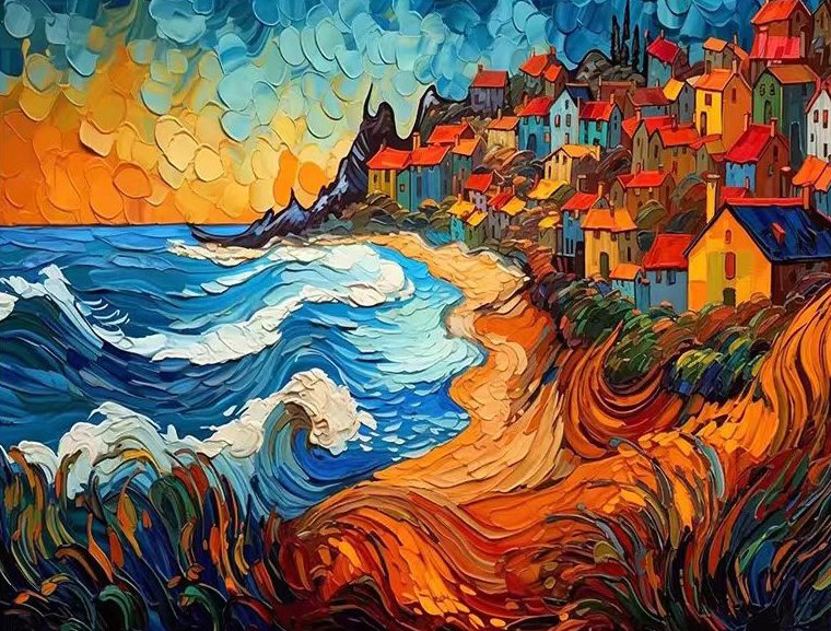 Colourful fauvist oil painting of a red-roofed village on a cliff above blue breaking waves