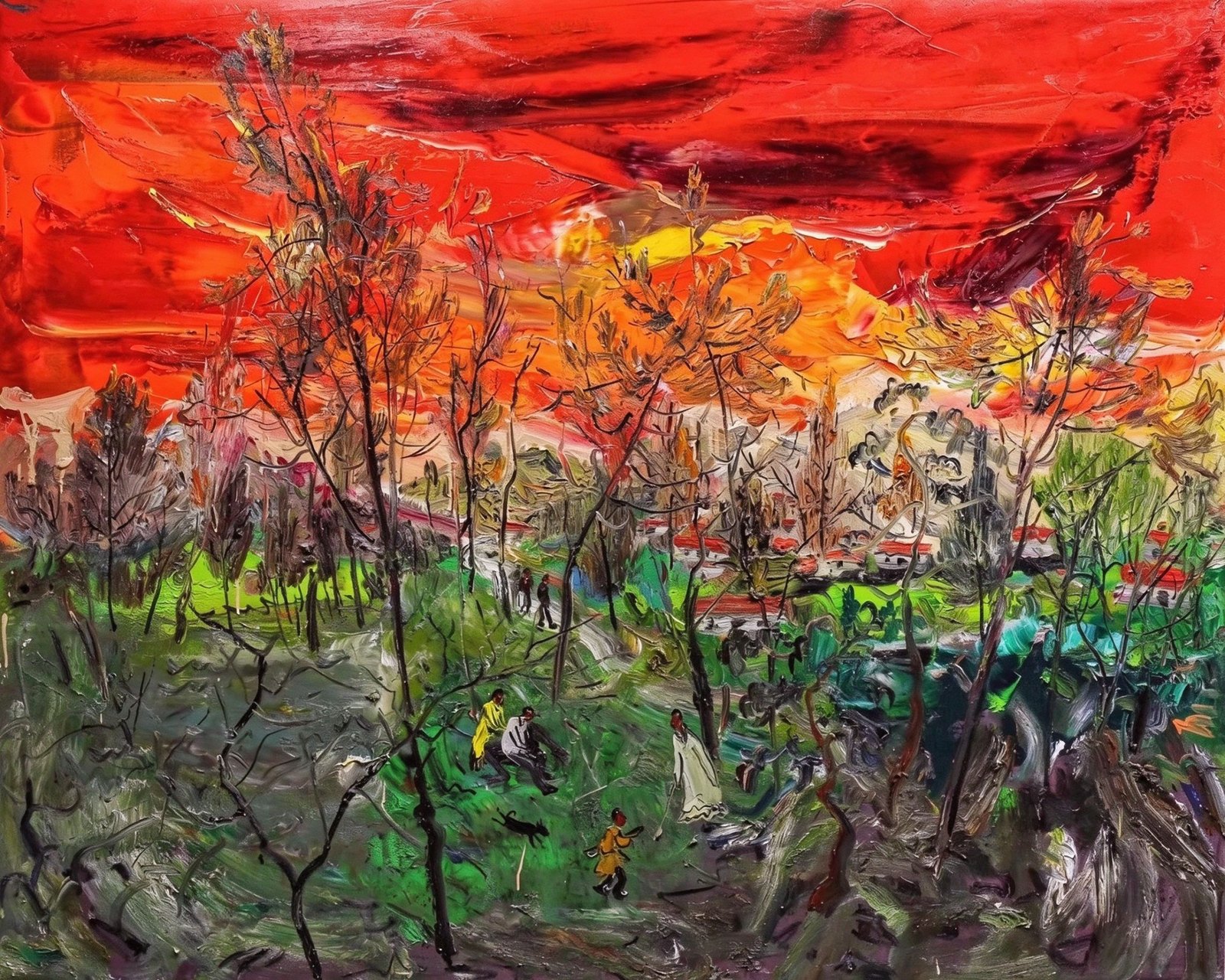 Raw expressive oil painting of figures walking through green fields beneath a burning red sky