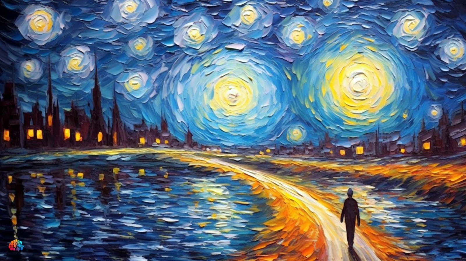 Painting of a lone walker on a glowing path between mirrored starry skies and a distant city