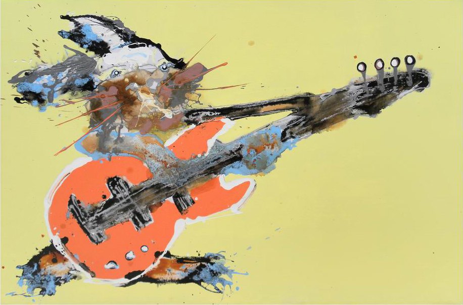 Splashy expressionist painting of a white rabbit playing a red electric guitar on a pale yellow ground