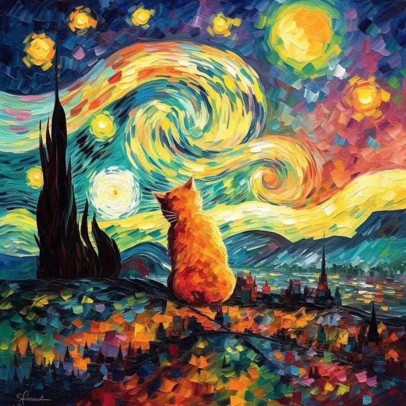 Impasto painting of a ginger cat watching a swirling starry sky above a distant town