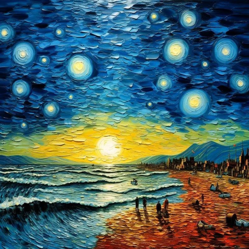 Impasto painting of a star-filled blue sky above a sunrise beach with figures on the sand