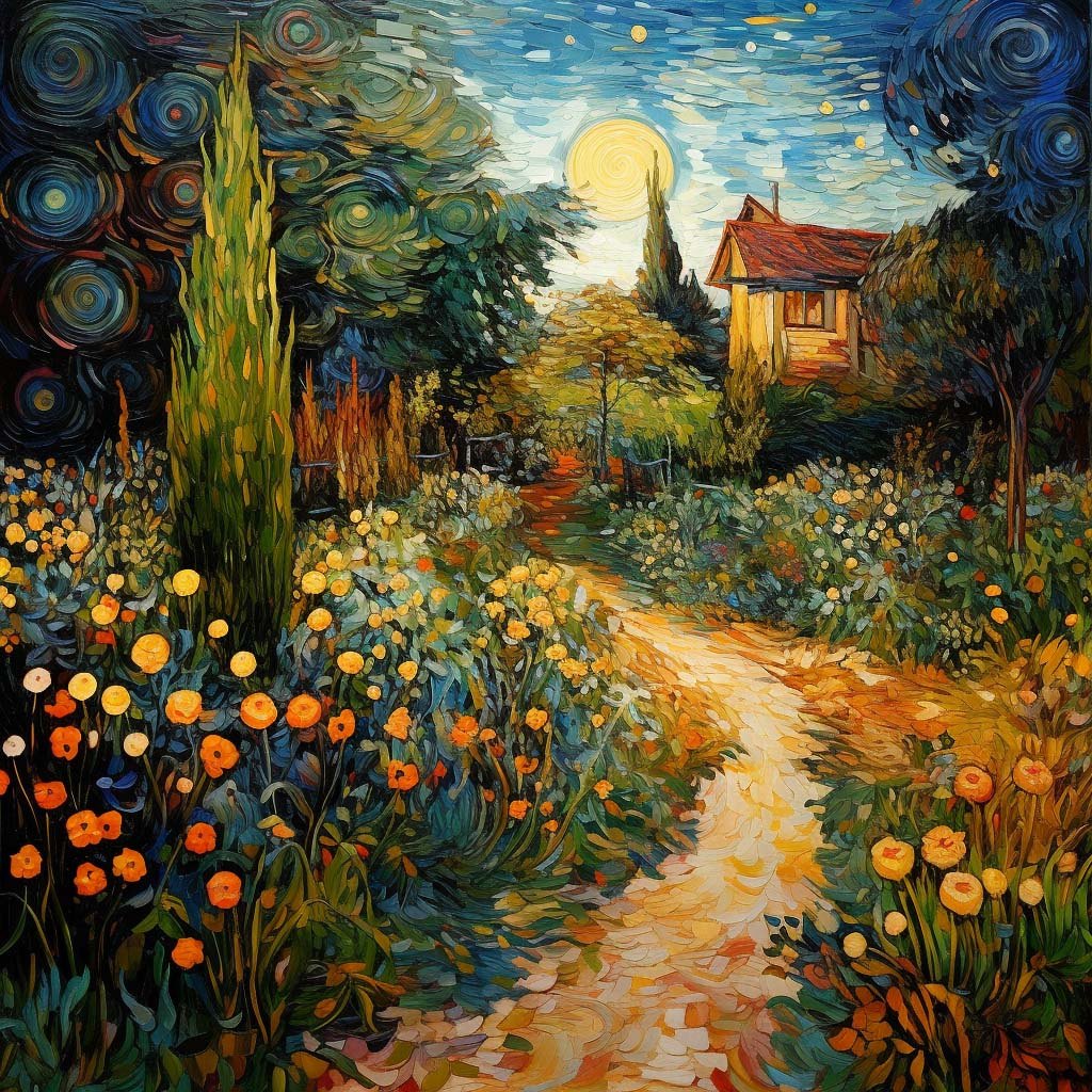 Impasto garden painting of an orange poppy lined path leading to a cottage beneath a pale moon