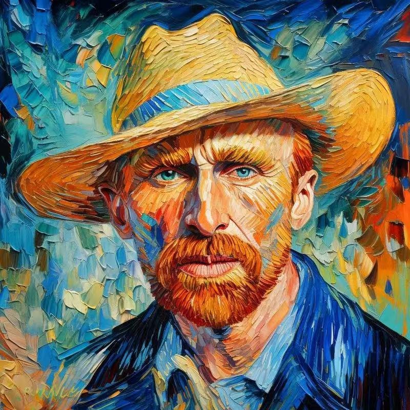Thick impasto portrait of a bearded man in a straw hat painted in vivid blue, orange and gold strokes