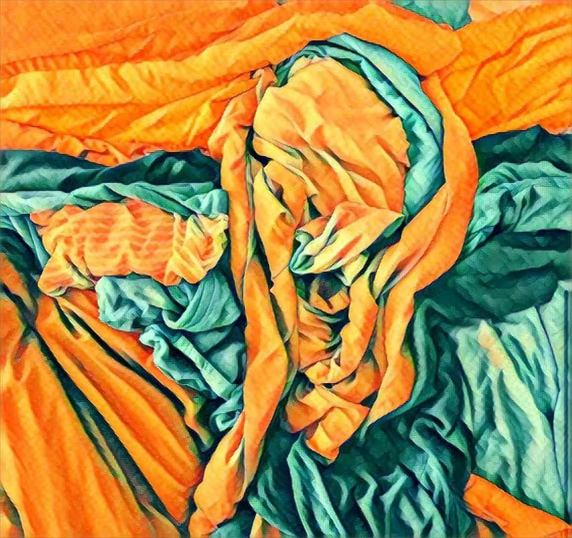 Close-up oil painting of crumpled orange and teal sheets with a ginger cat asleep among the folds