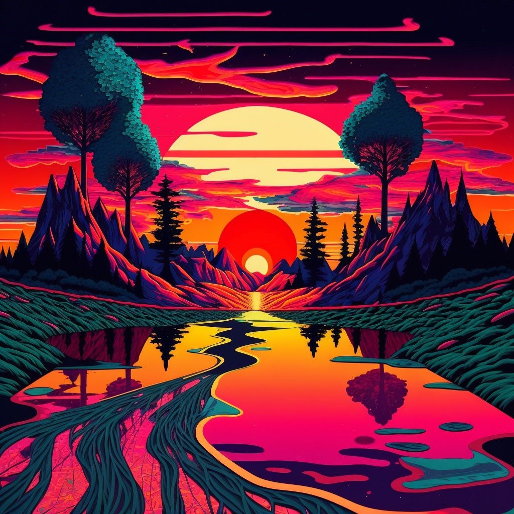 Neon graphic landscape of a pink and orange sunset over mirrored mountains and a glowing river
