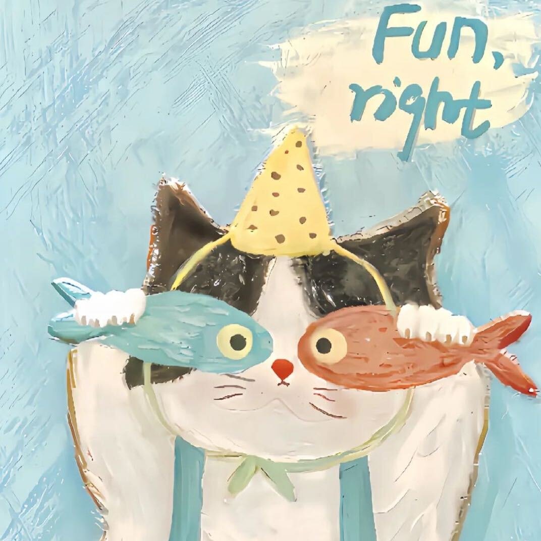 Whimsical painted cat in a paper party hat holding two fish, beside the words Fun, night