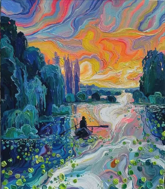 Swirling impasto painting of a lone canoeist on a luminous river beneath a molten sunset