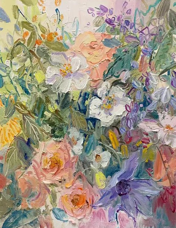 Loose impressionist still life of white roses, peach blooms and purple clematis