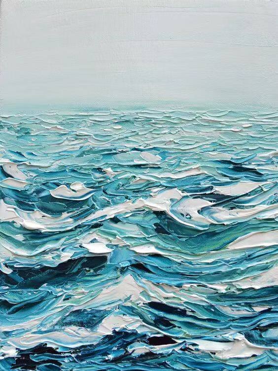 Textured impasto seascape in pale turquoise and white beneath a soft empty sky