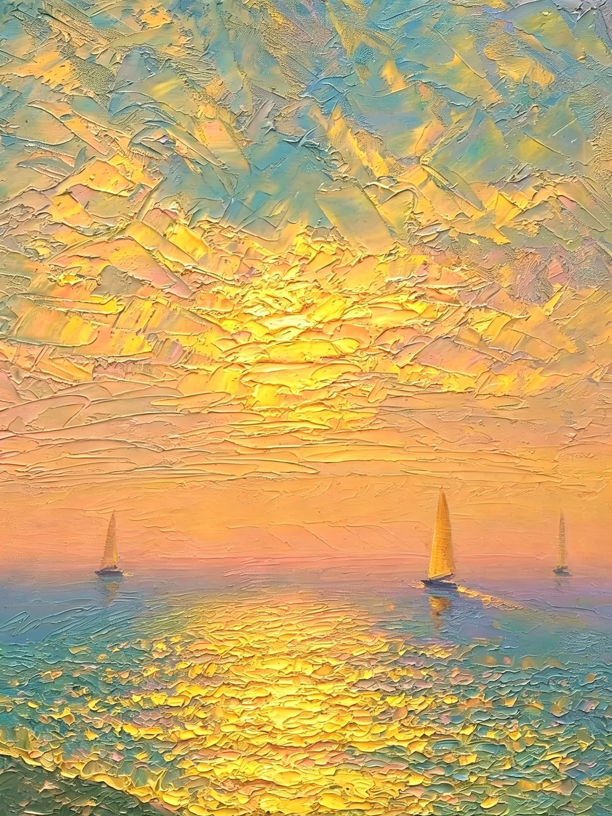 Textured oil painting of a golden sunset sky over calm water with three distant sailboats