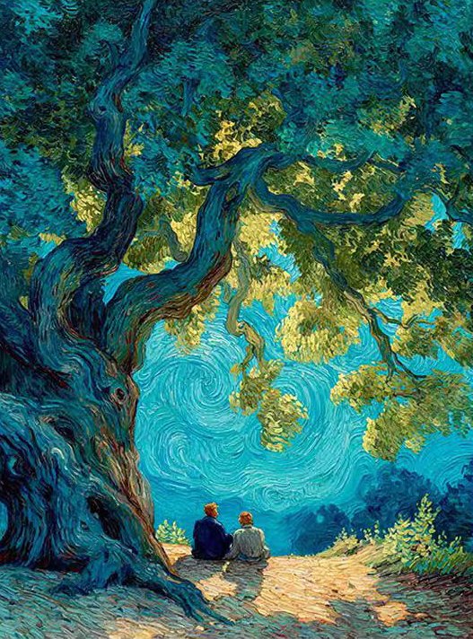Impasto painting of two figures seated beneath a huge twisting tree against a swirling blue sky