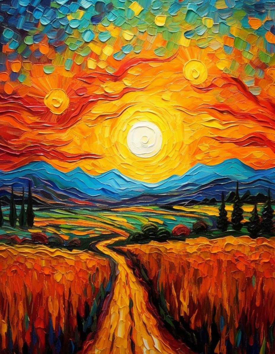 Impasto landscape of a blazing orange sky with three suns above blue mountains and a golden field