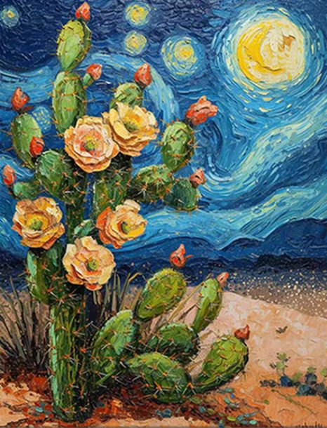 Impasto painting of a flowering prickly pear cactus beneath a swirling starry desert sky