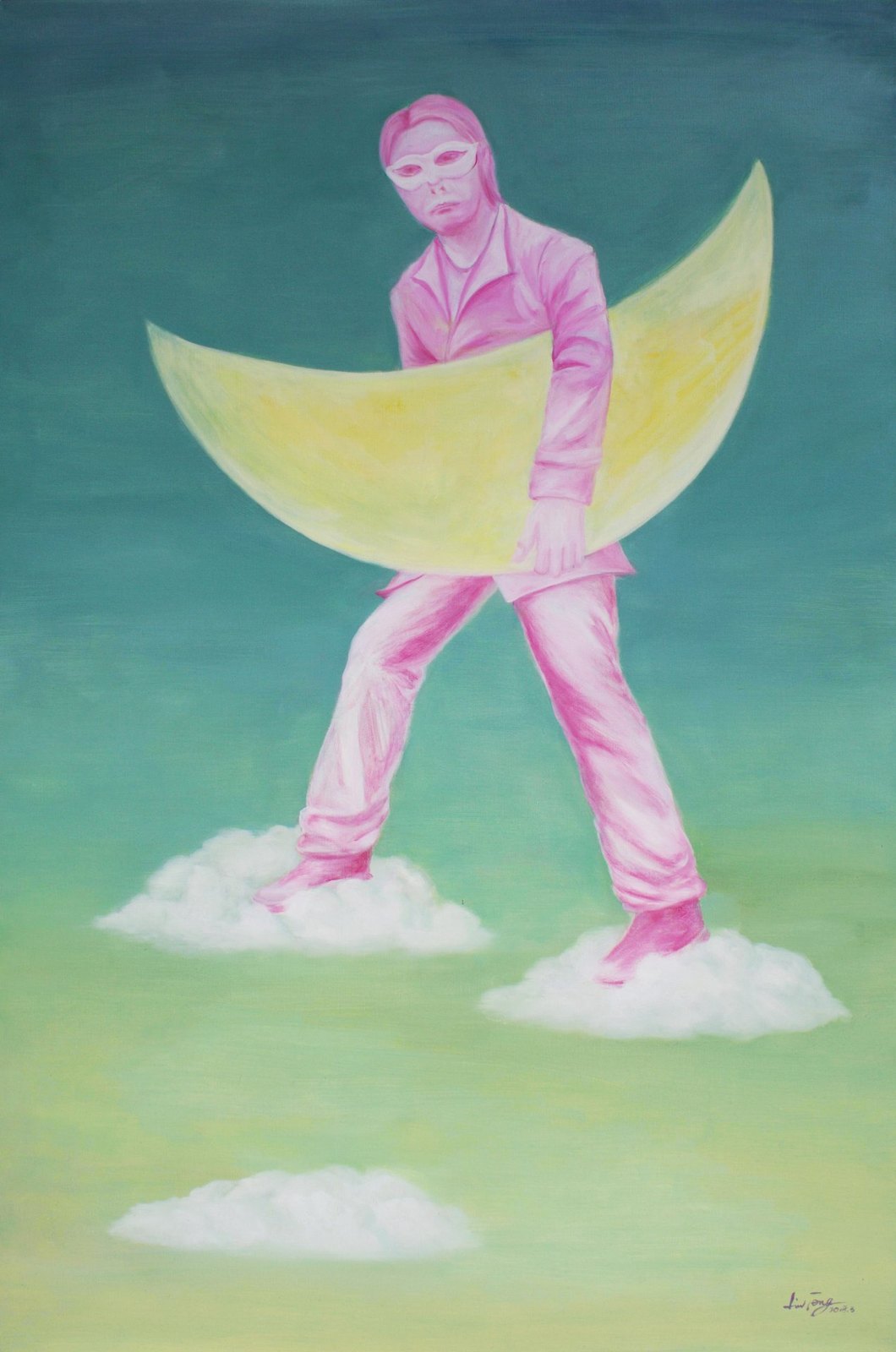 Framed signed giclée print of a pink figure carrying a yellow crescent moon across clouds