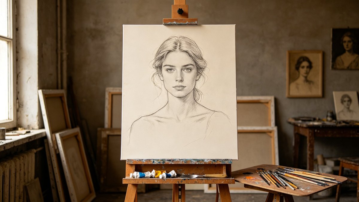 A charcoal portrait sketch of a woman on canvas, on an easel in a working studio