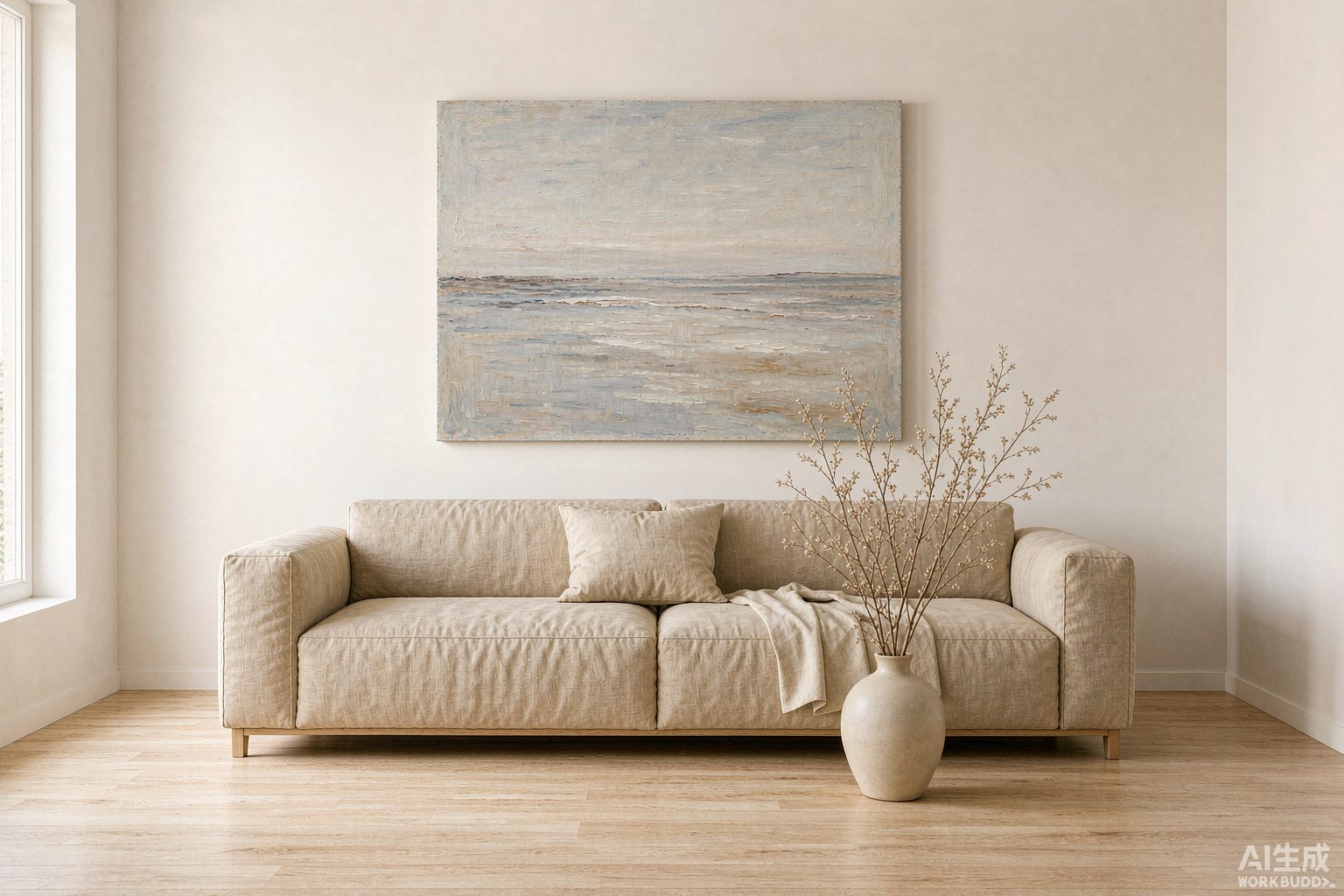 The painting shown at scale on a living room wall
