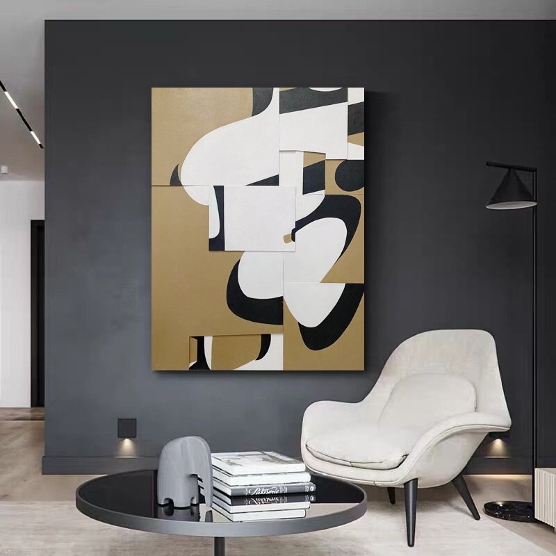 An original oil painting hanging above a linen sofa in a daylight living room