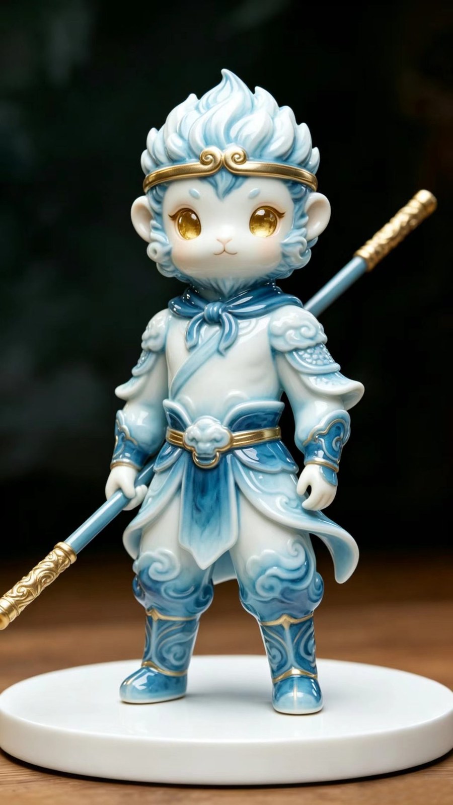 Chibi porcelain-style Monkey King figure in white and blue glaze with gold trim, holding his staff on a white round base