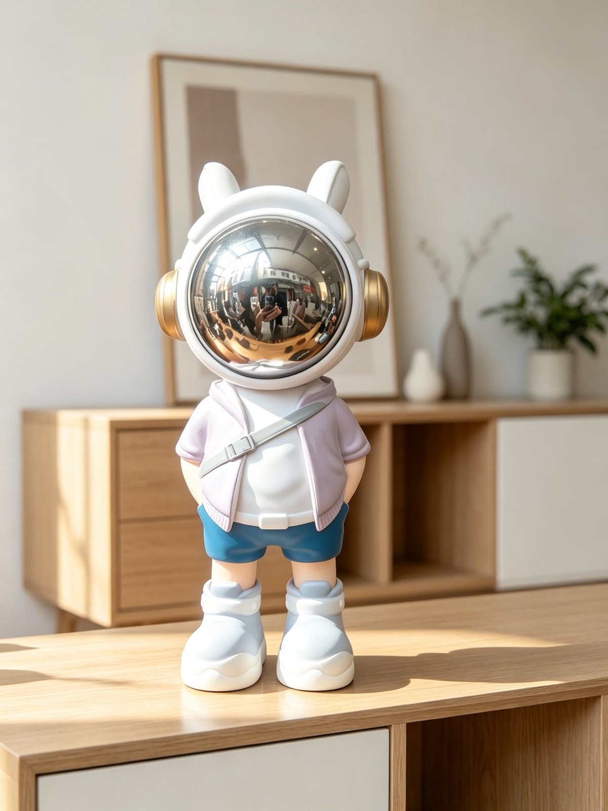 Collectible figure of a bunny-eared astronaut in a mirrored gold helmet, lilac jacket and blue shorts