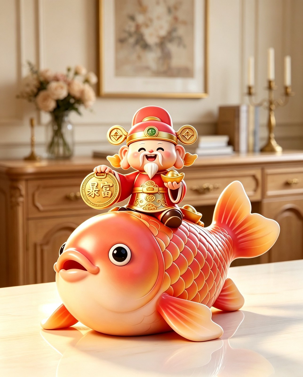 Festive God of Wealth figurine in a red robe and gold crown, holding a coin and a gold ingot while riding a large coral-orange koi fish