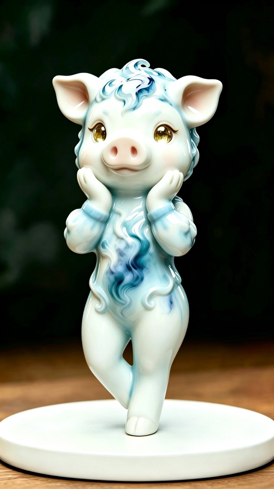 Chibi porcelain-style piglet figure in white glaze with blue swirling markings and gold eyes, both hooves raised to its cheeks on a white round base