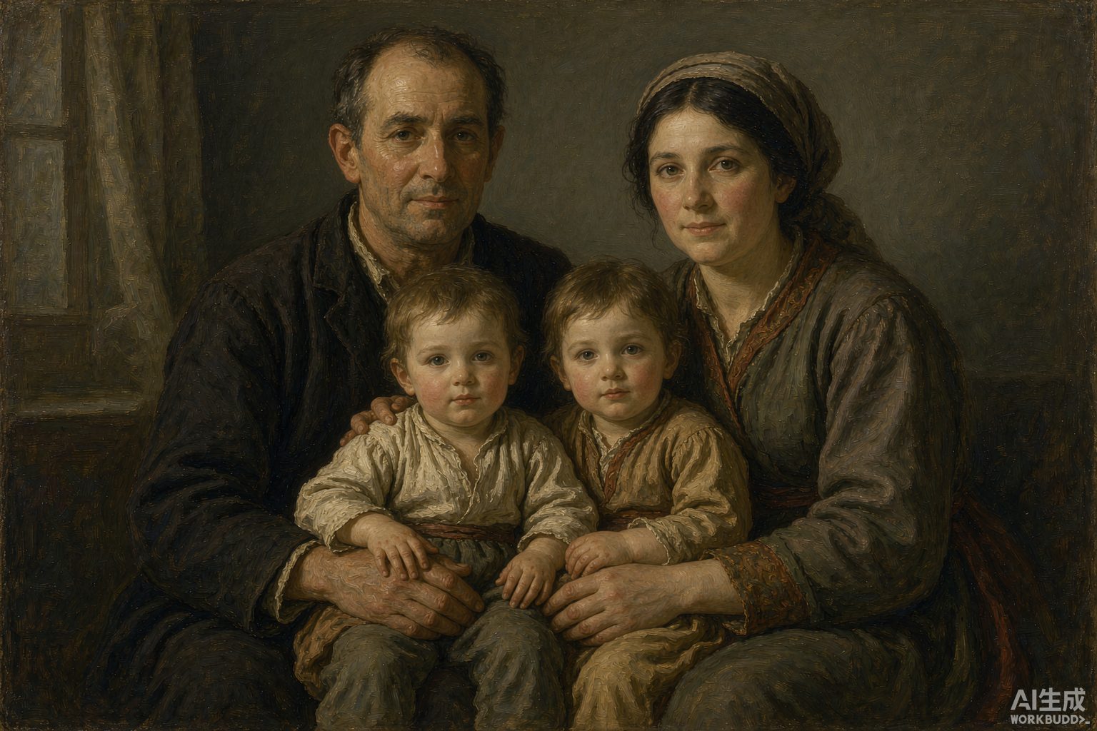 Oil portrait of a family of four painted from a photograph