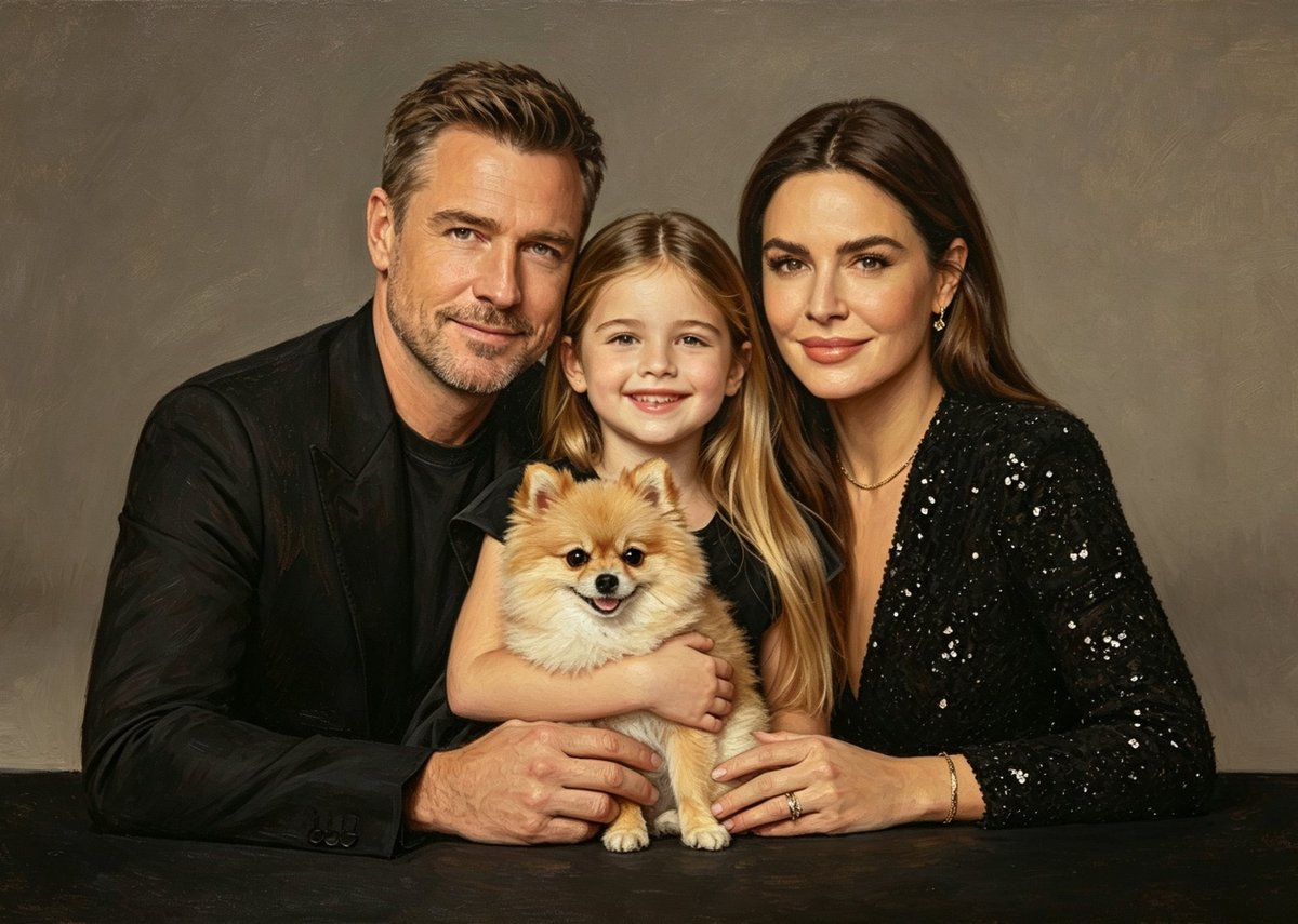 Oil portrait of a family with their pomeranian, painted from a photograph