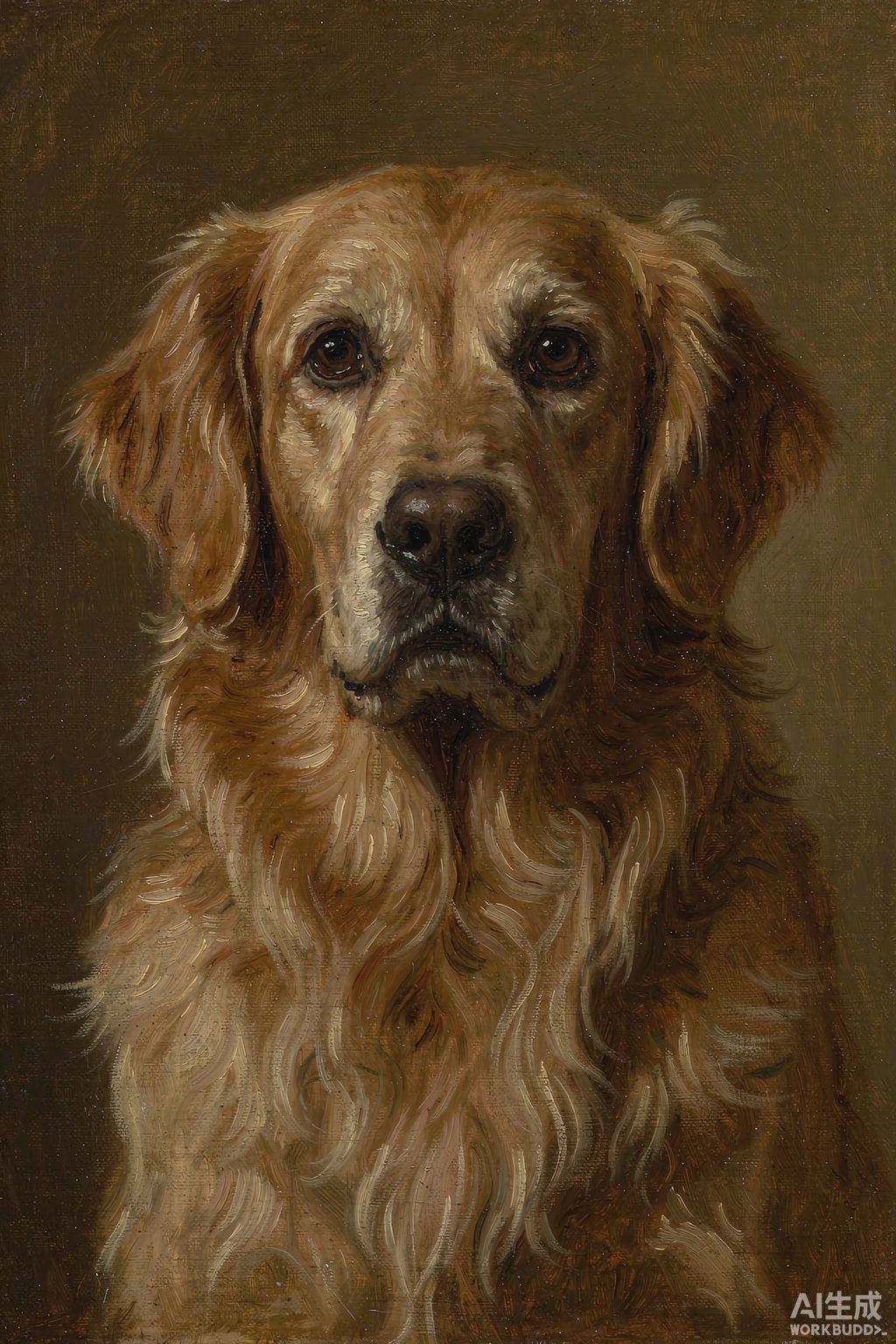 A finished oil portrait of a golden retriever