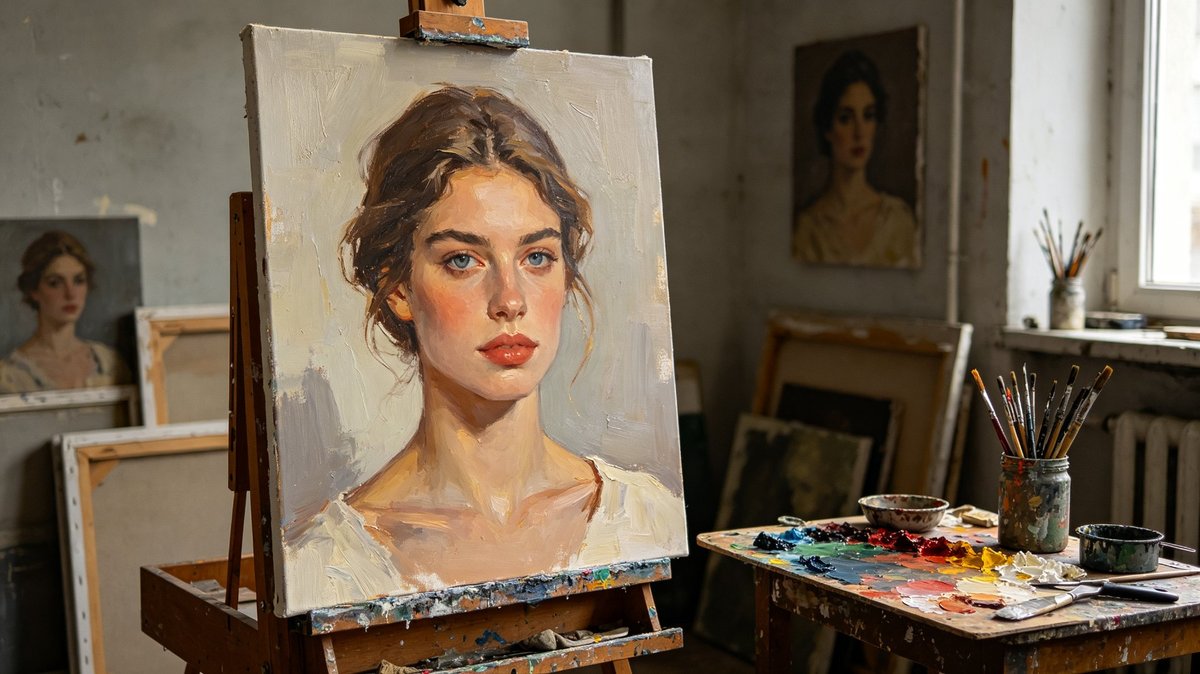 A finished oil portrait of a woman on the easel, beside a workbench with palettes and brushes