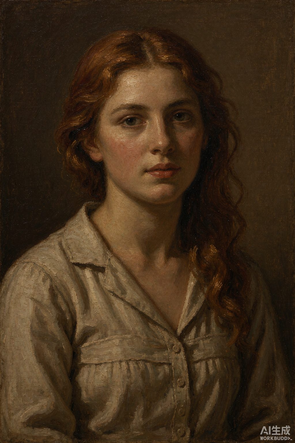 Oil portrait of a young woman in a linen blouse